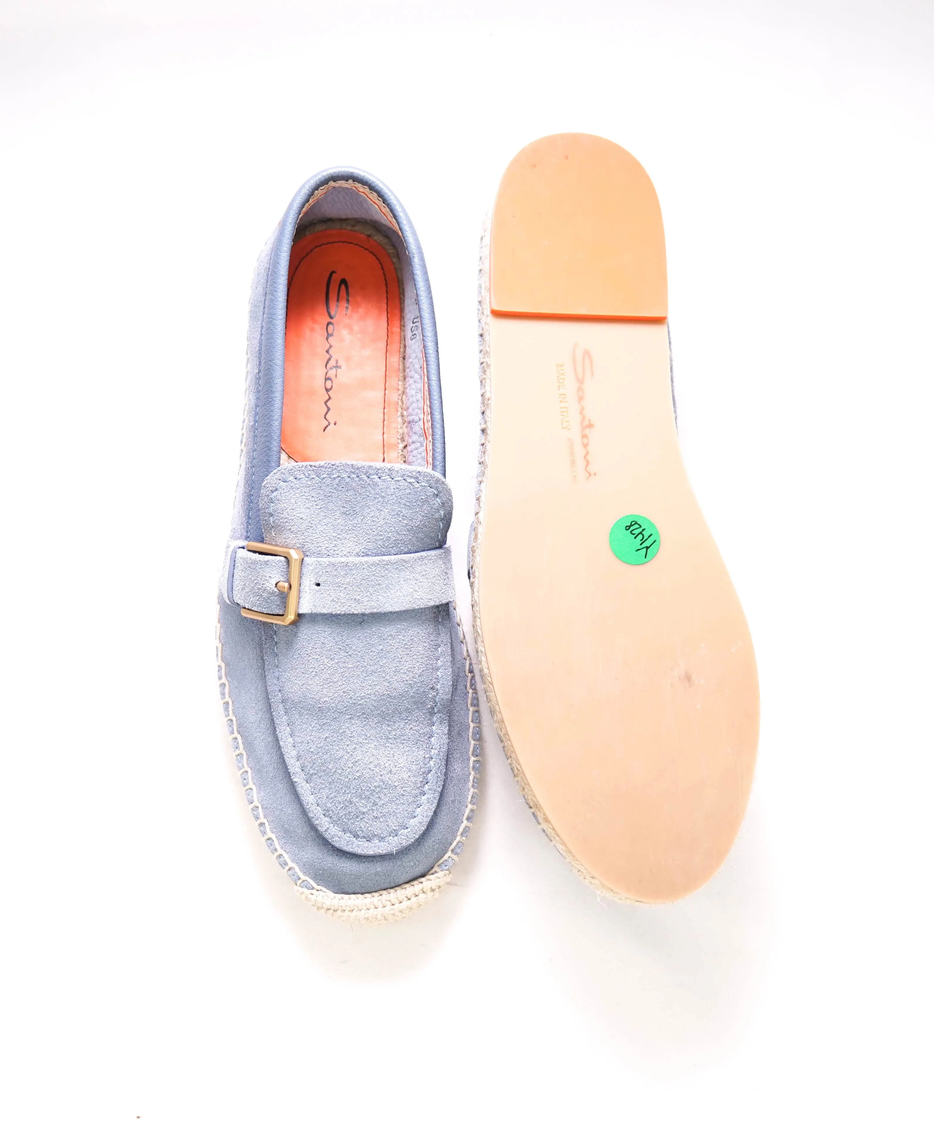 $730 SANTONI -  Baby Blue Soft Suede Slip-On Espadrille Loafers - 8 D US