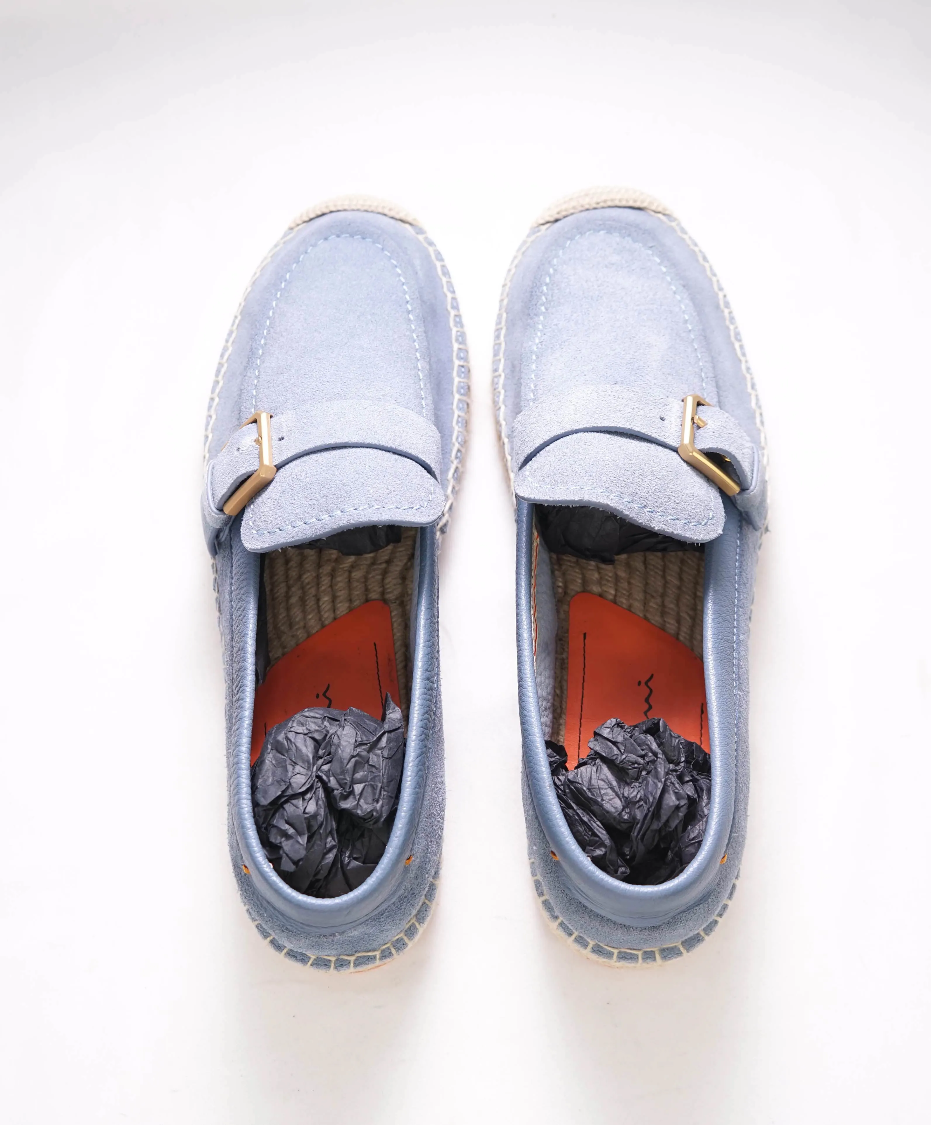 $730 SANTONI -  Baby Blue Soft Suede Slip-On Espadrille Loafers - 8 D US