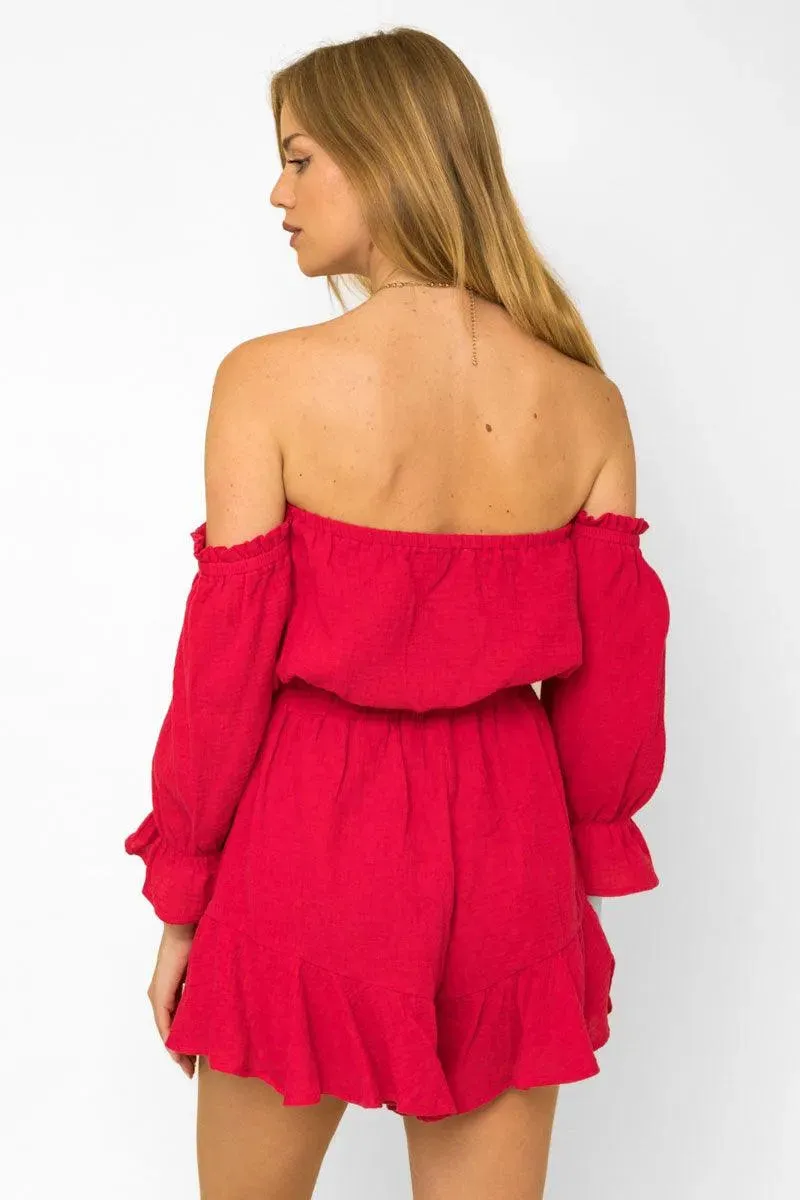 Balloon Sleeve Off Shoulder Flowy Romper