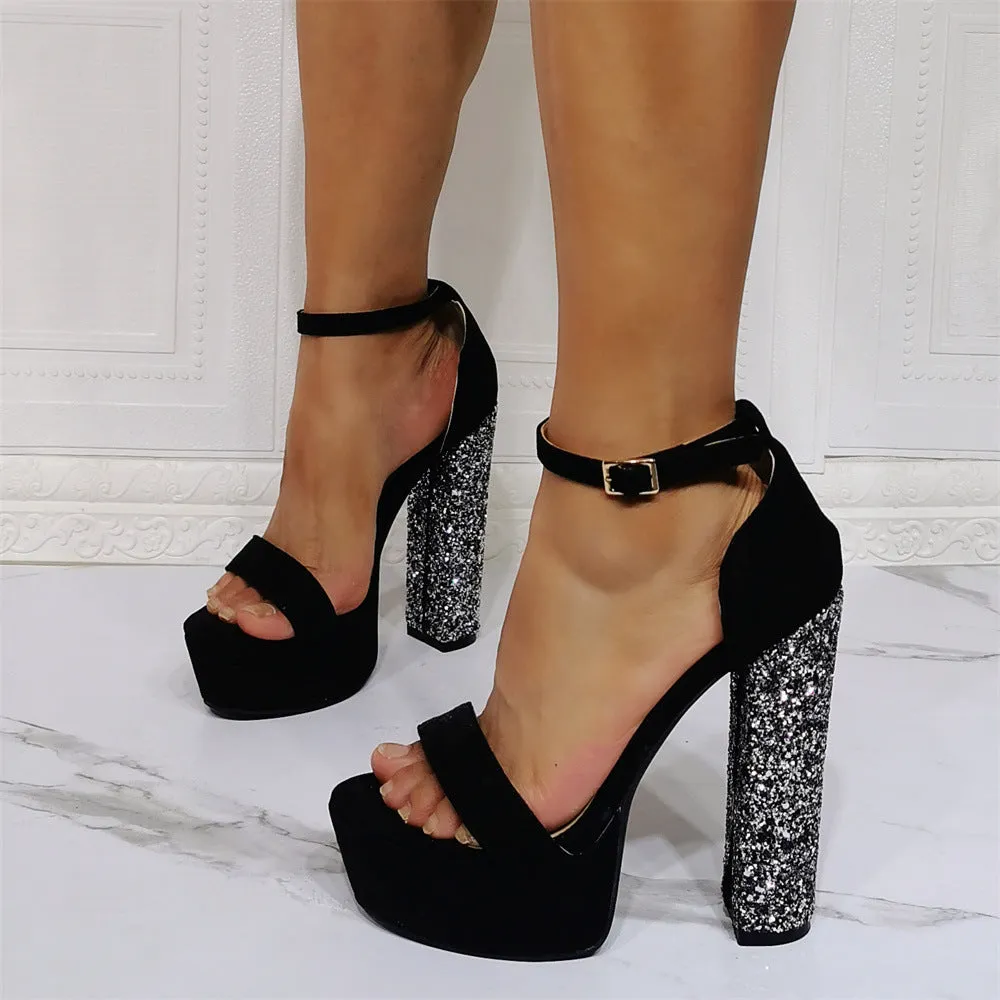 Black Glitter Open Toe Platform Chunky Heel Ankle Strap Sandals