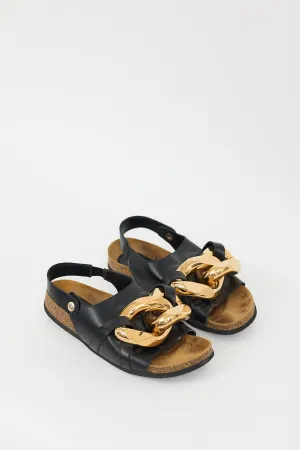 Black Leather & Gold Chain Slingback Slide