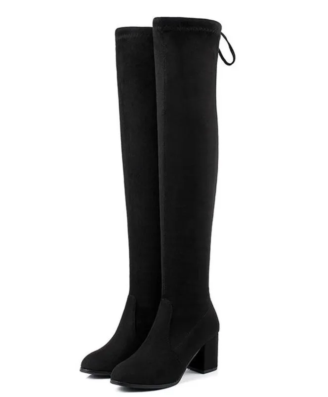 Black thigh high chunky boots elasitc suede over the knee boots