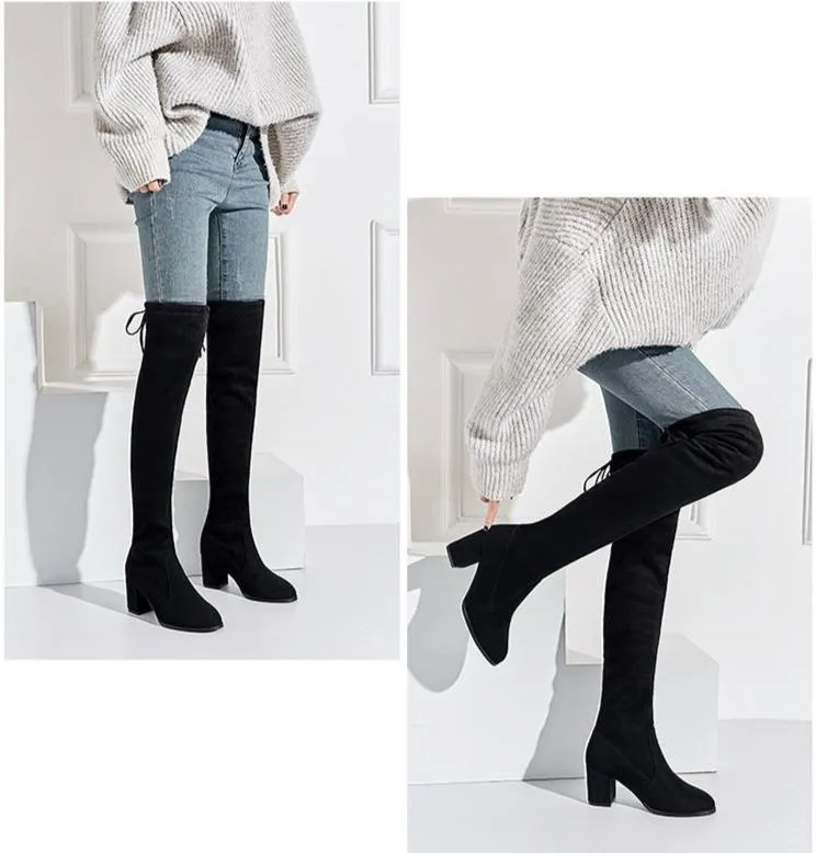 Black thigh high chunky boots elasitc suede over the knee boots