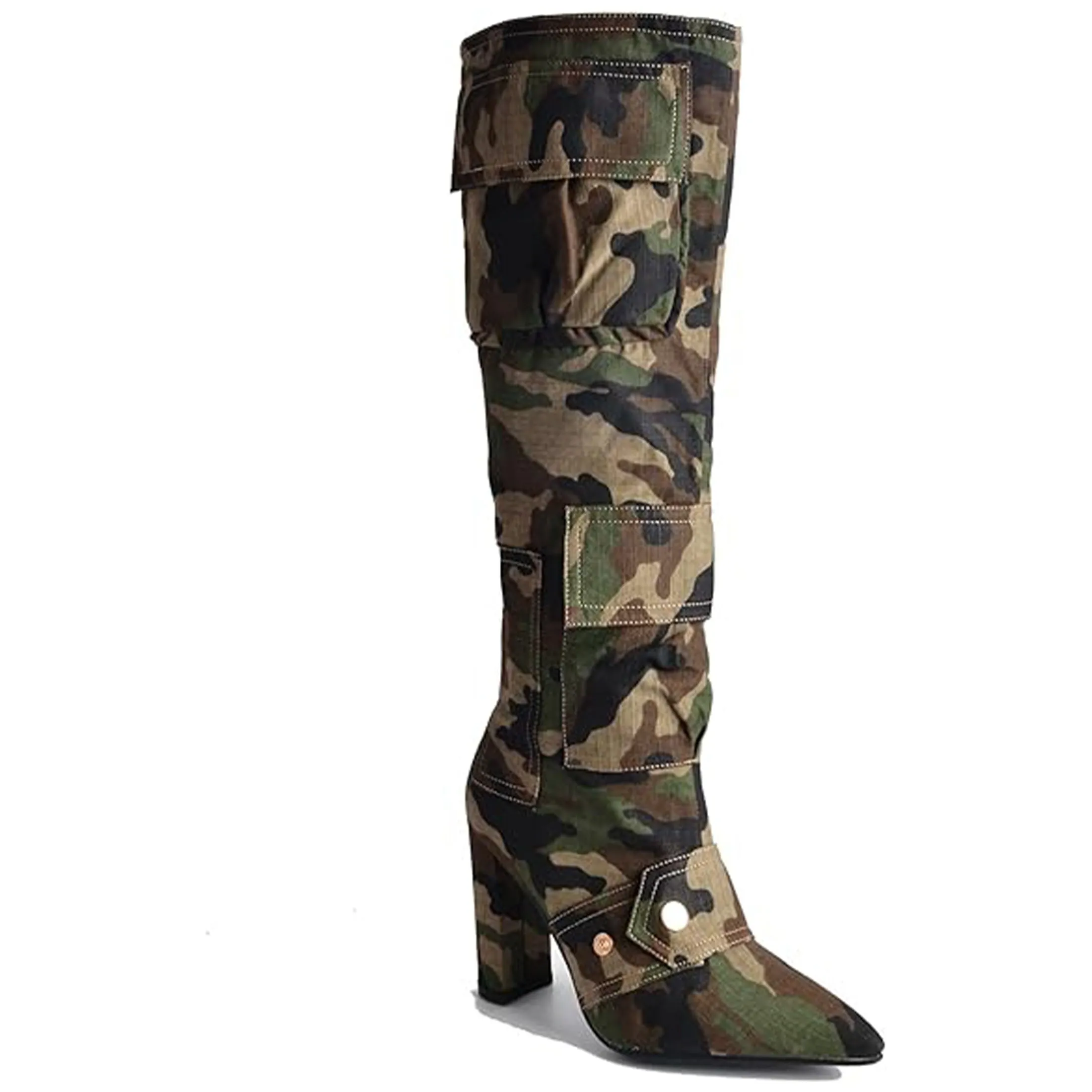 Camo Casual High Knee Chunky Heel Boots