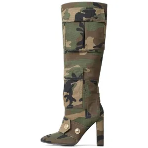 Camo Casual High Knee Chunky Heel Boots