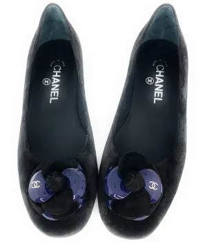 Chanel 16A CC Black Suede Camellia Ballerina Flats