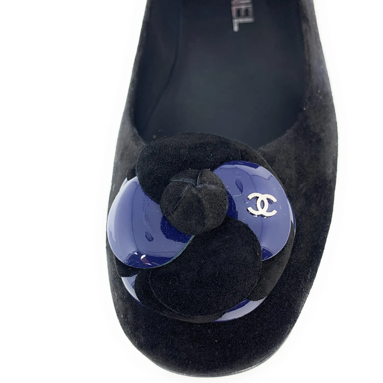 Chanel 16A CC Black Suede Camellia Ballerina Flats