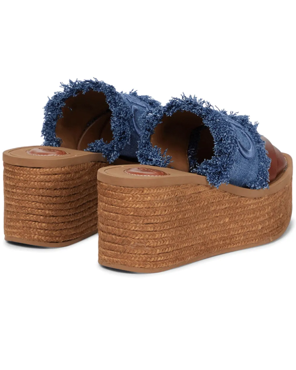 Denim and Leather Espadrille Platform Wedge Mules