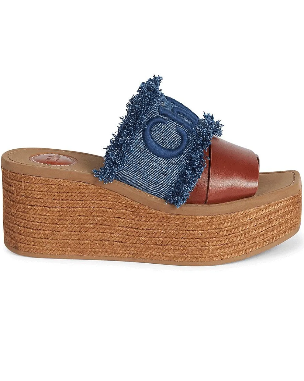 Denim and Leather Espadrille Platform Wedge Mules