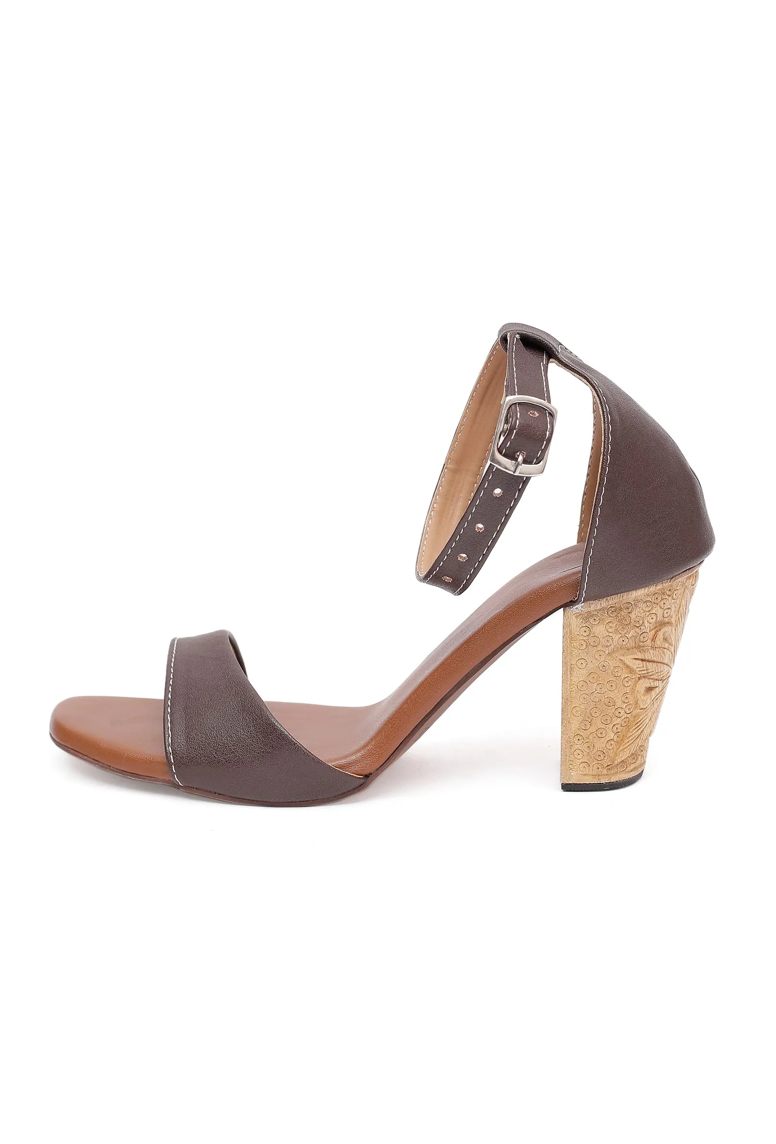 Duon Brown Wooden Carved Ankle Strap Heels