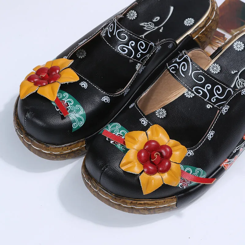 Ethnic flower decor chunky platform closed toe slides