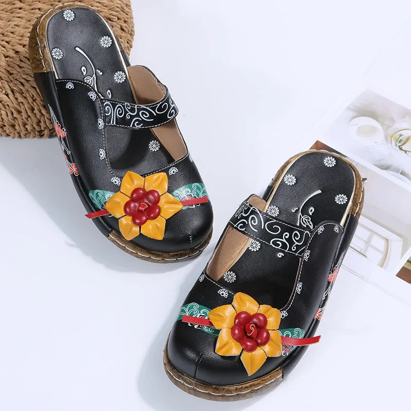 Ethnic flower decor chunky platform closed toe slides