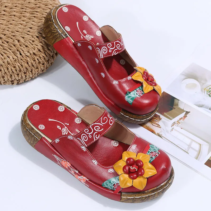 Ethnic flower decor chunky platform closed toe slides