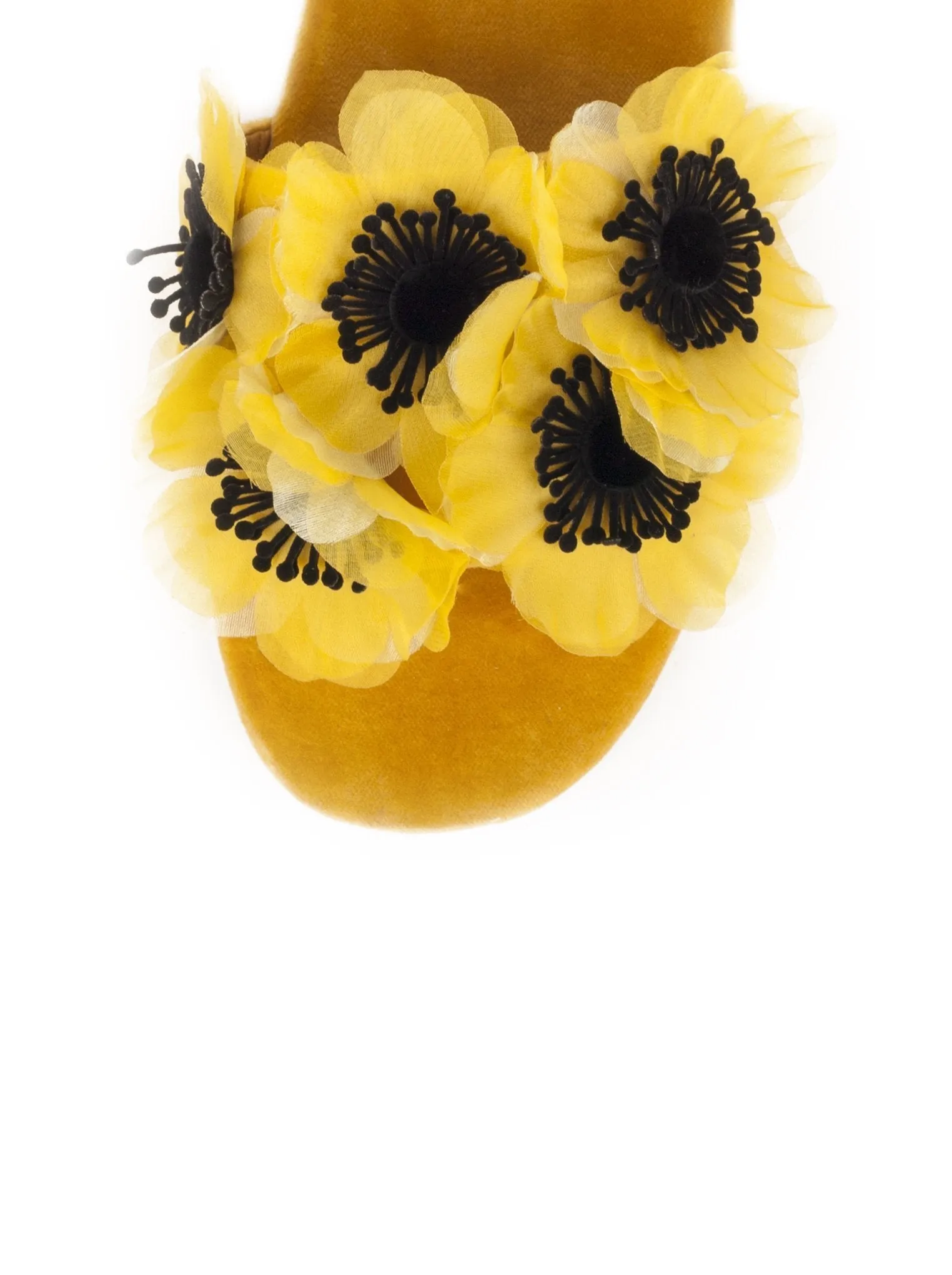 Floral Embellished Velvet Slides - Yellow