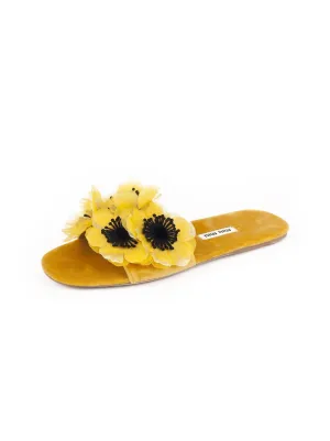 Floral Embellished Velvet Slides - Yellow