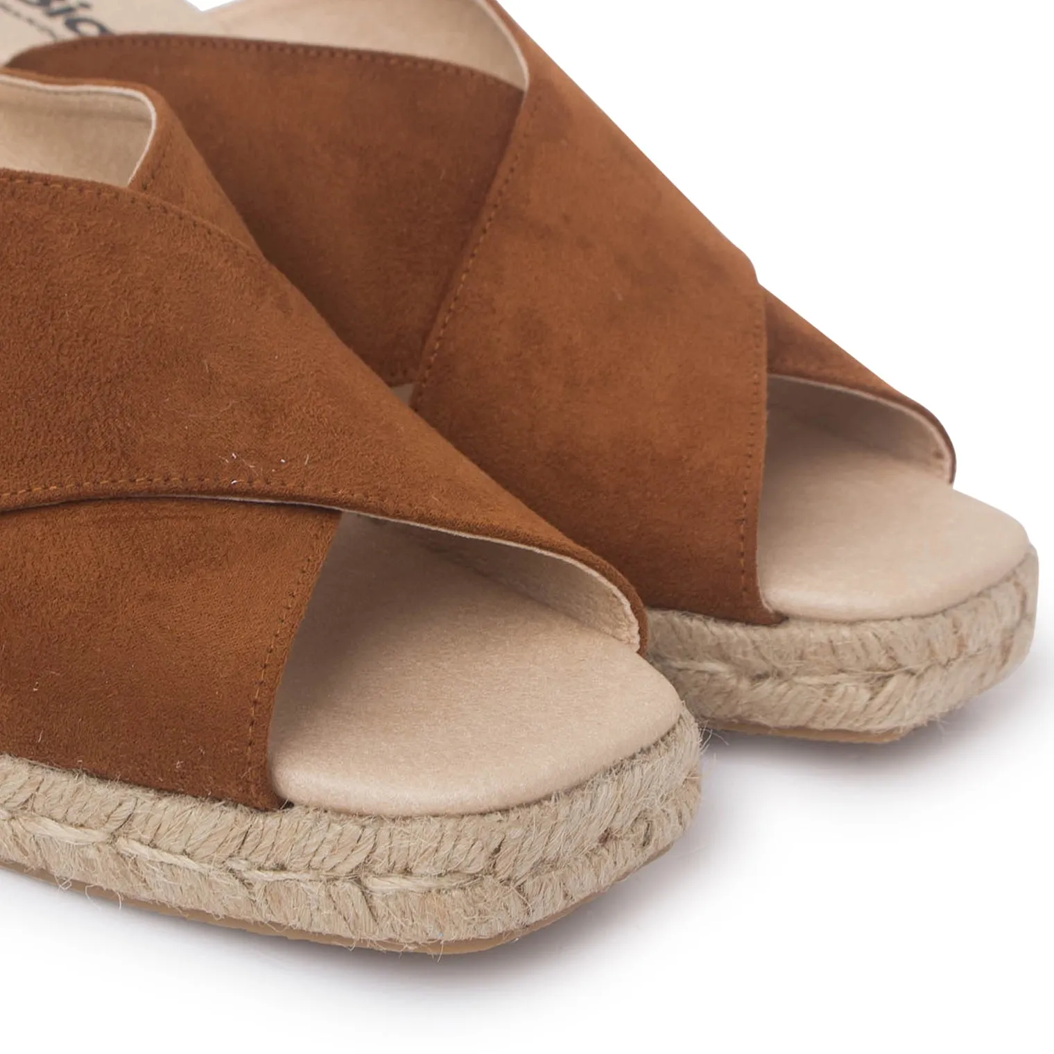 Genoa Cross Strap Vegan Suede Espadrille Wedge Sandals - Caramel