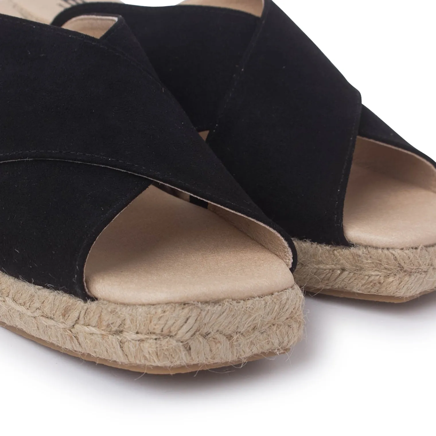 Genoa Cross Strap Vegan Suede Espadrille Wedges - Black