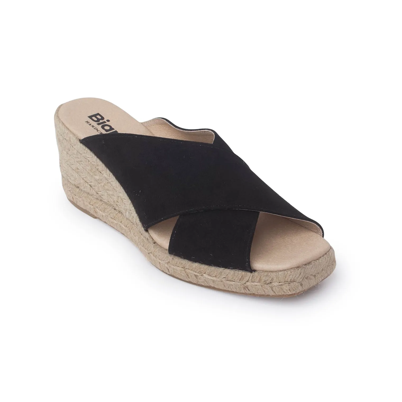 Genoa Cross Strap Vegan Suede Espadrille Wedges - Black