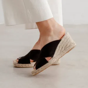 Genoa Cross Strap Vegan Suede Espadrille Wedges - Black