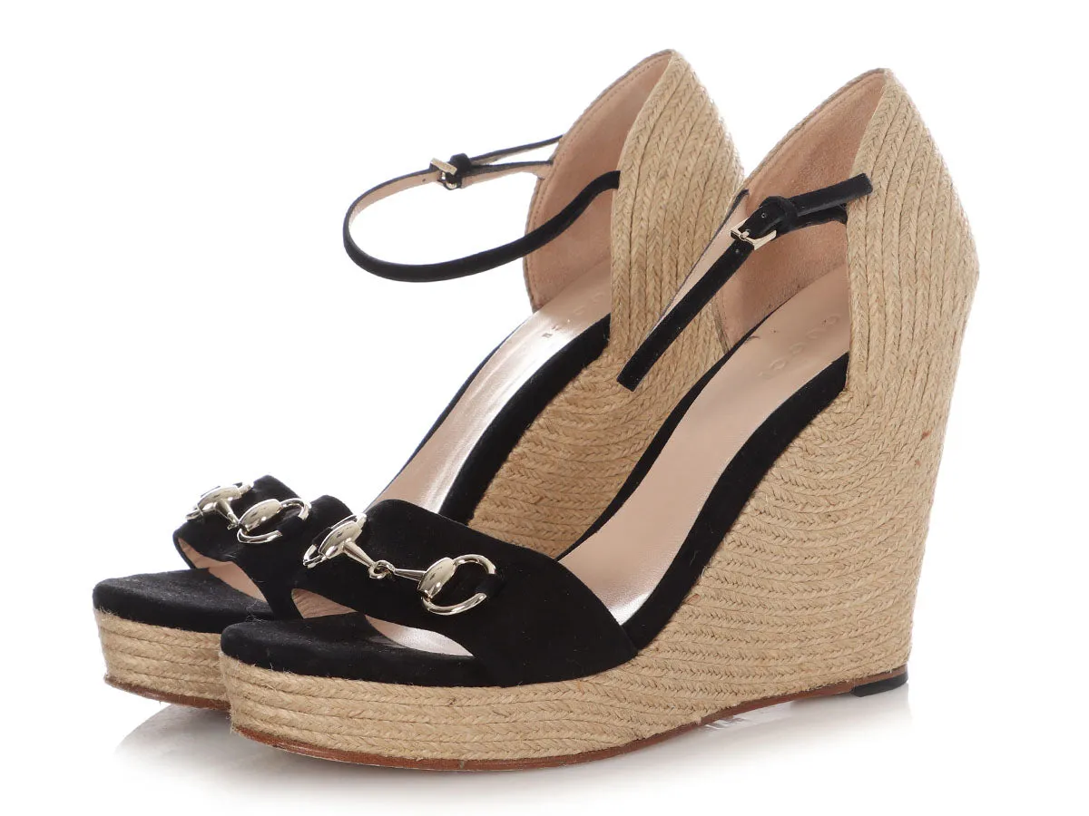 Gucci Black Suede and Jute Carolina Platform Espadrille Wedges