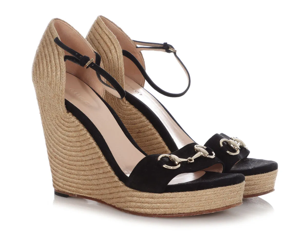 Gucci Black Suede and Jute Carolina Platform Espadrille Wedges