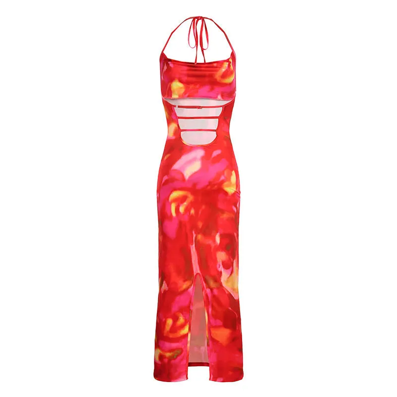 Gwen Tie Day Print Backless Maxi Dress