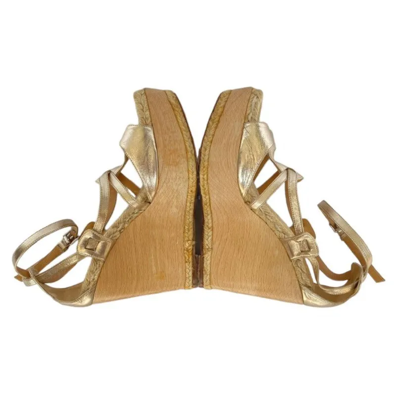 HERMES Gold Metallic Leather Ankle Strap Espadrille Wood Heeled Wedges, Size 39