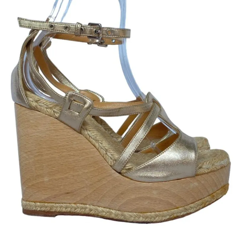 HERMES Gold Metallic Leather Ankle Strap Espadrille Wood Heeled Wedges, Size 39