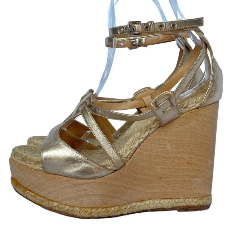 HERMES Gold Metallic Leather Ankle Strap Espadrille Wood Heeled Wedges, Size 39