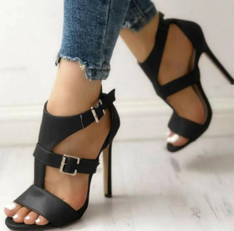 High Heel Summer Buckle Sandals in Black for Stylish Comfort