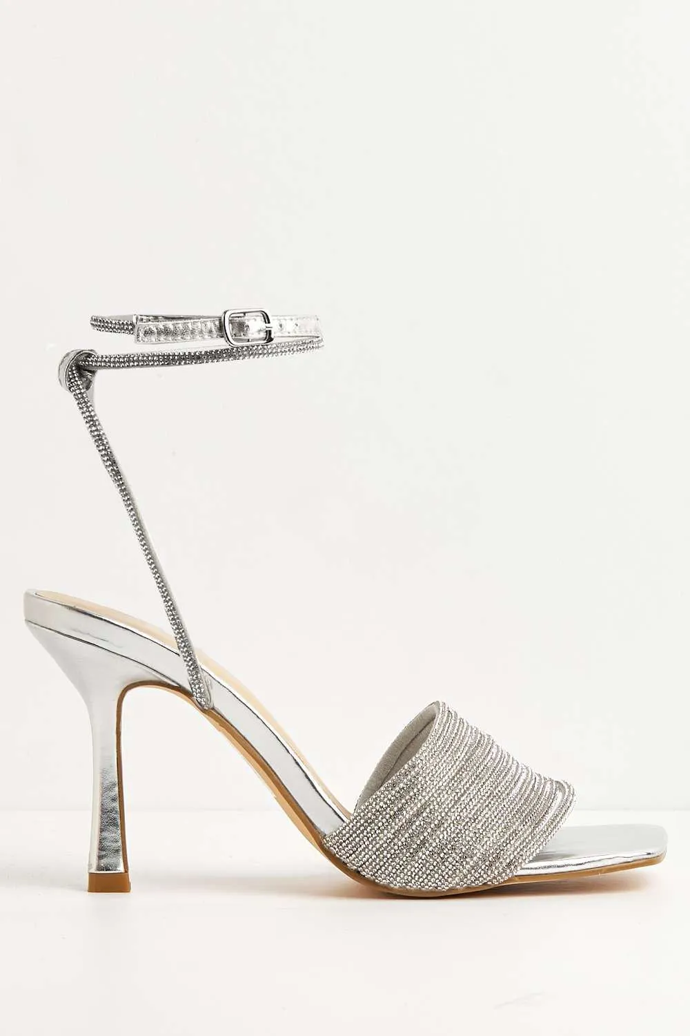 Izza Diamante Embellished Lace Up Ankle Strap Heels in Silver