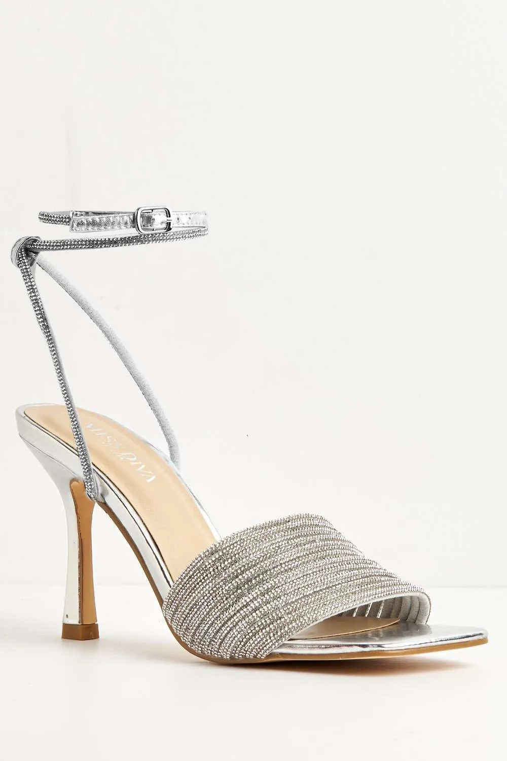 Izza Diamante Embellished Lace Up Ankle Strap Heels in Silver