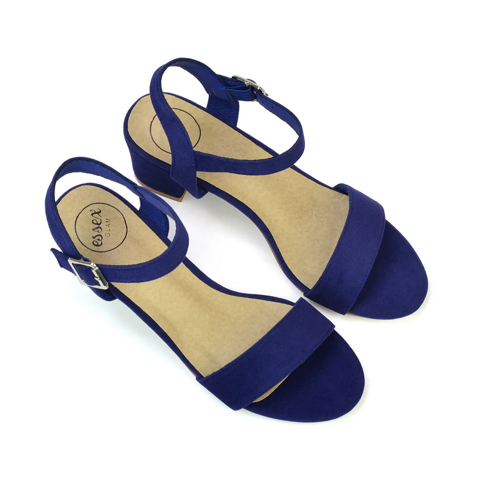 Mariana Strappy Buckle Up Mid Block Heel Sandals in Navy Faux Suede