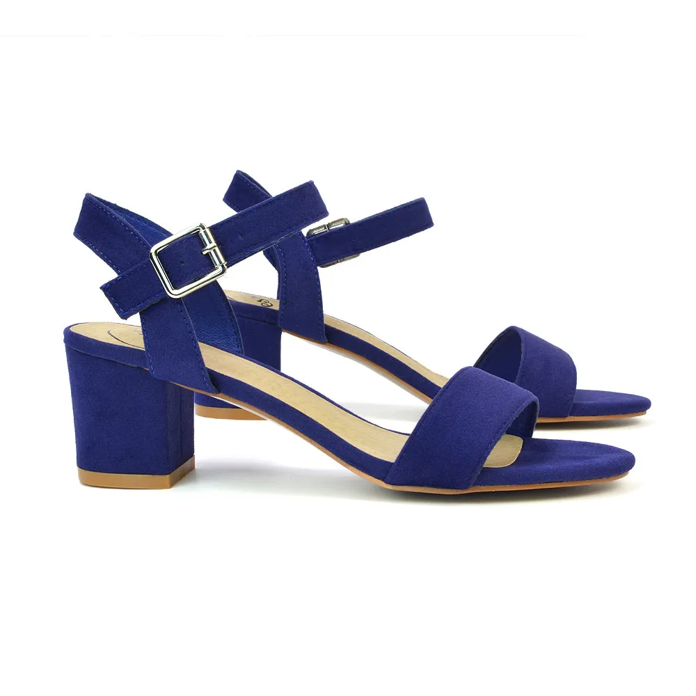 Mariana Strappy Buckle Up Mid Block Heel Sandals in Navy Faux Suede