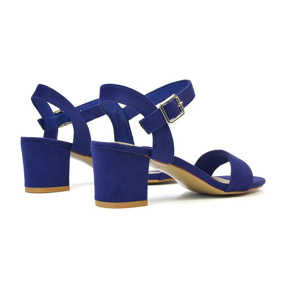 Mariana Strappy Buckle Up Mid Block Heel Sandals in Navy Faux Suede