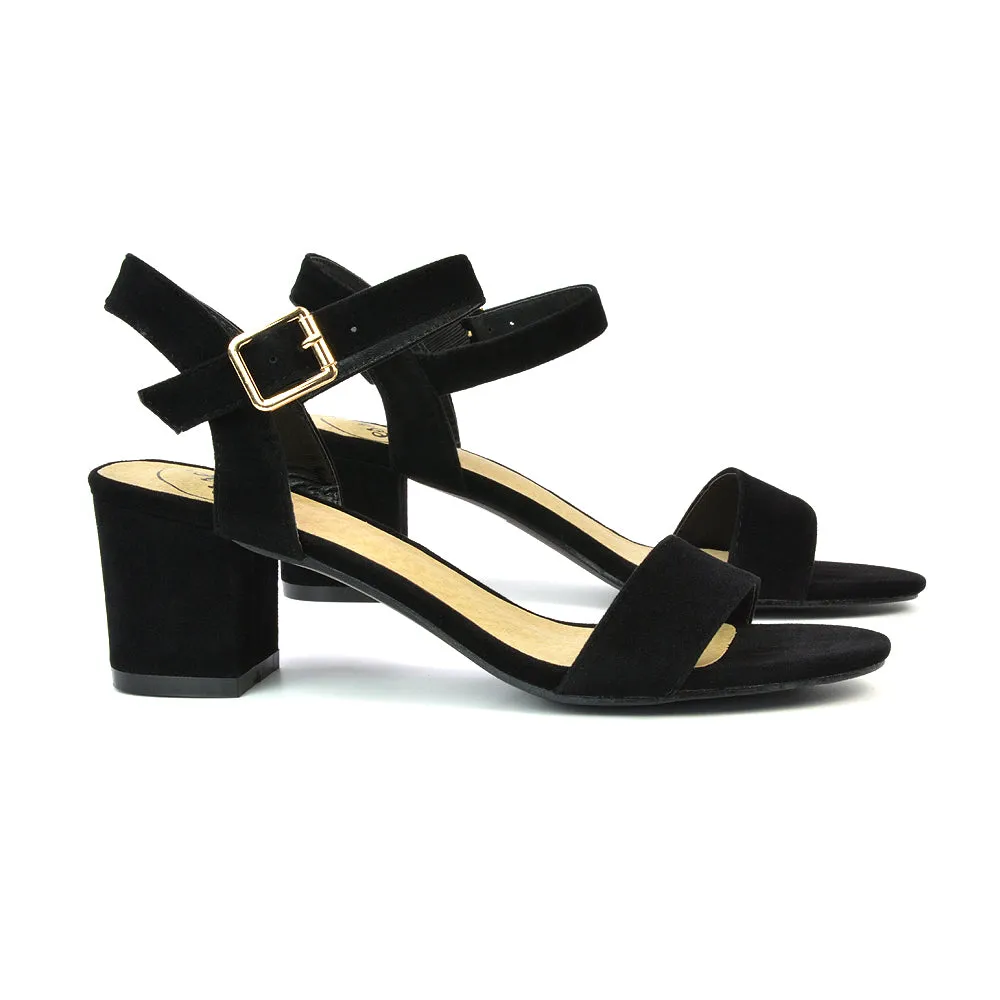 Mariana Strappy Buckle Up Mid Block Heel Sandals in Navy Faux Suede