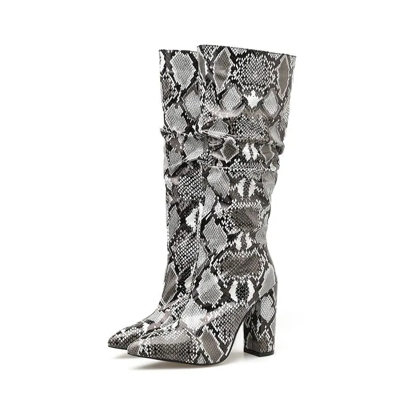 New Fashion Chunky High Heel Pointed Toe Zipper Snakeskin Boots Women