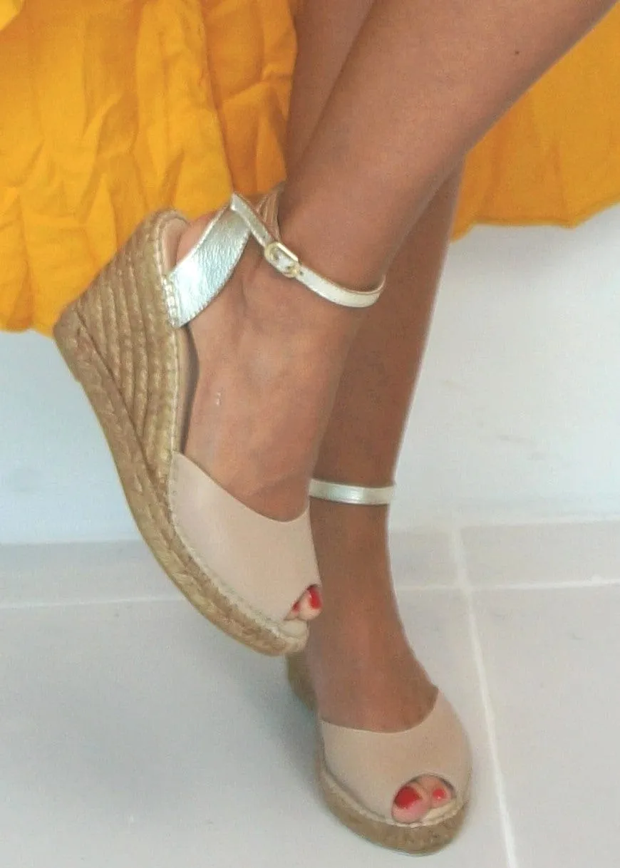 Peep Toe Espadrille Wedges - Sandy Champagne