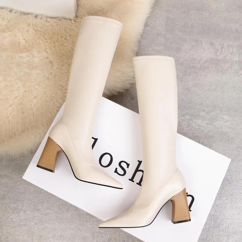 Pointed Toe Chunky Heel Elastic Boots