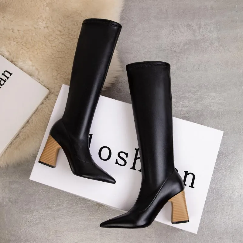 Pointed Toe Chunky Heel Elastic Boots