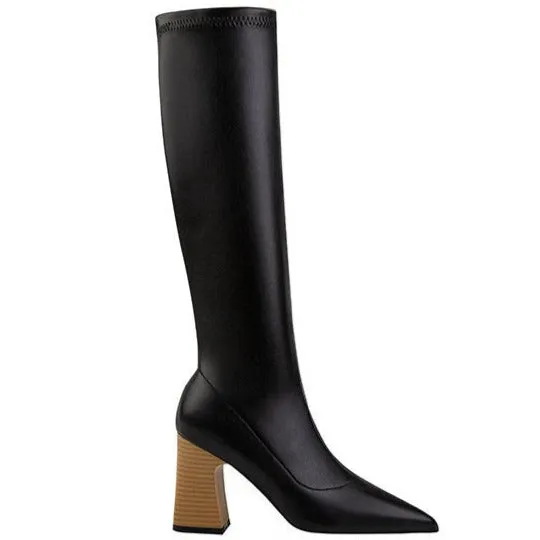 Pointed Toe Chunky Heel Elastic Boots