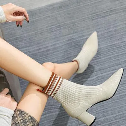 Pointed Toe Chunky Heel Knitted Stretch Sock Boots