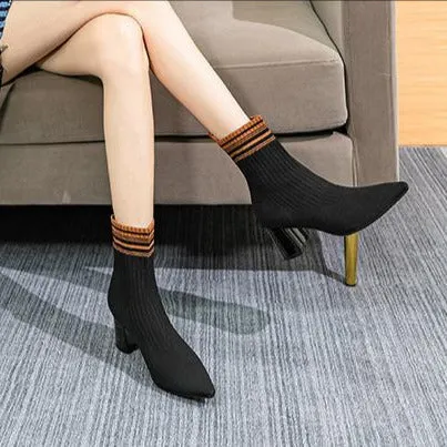 Pointed Toe Chunky Heel Knitted Stretch Sock Boots