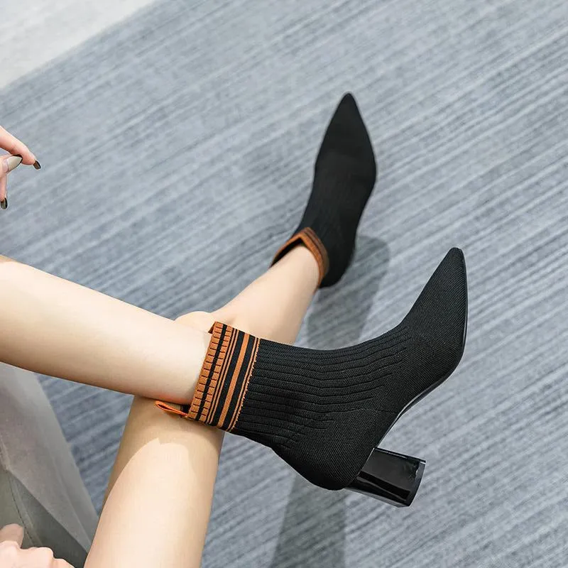 Pointed Toe Chunky Heel Knitted Stretch Sock Boots