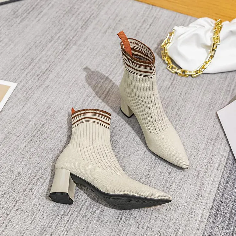 Pointed Toe Chunky Heel Knitted Stretch Sock Boots