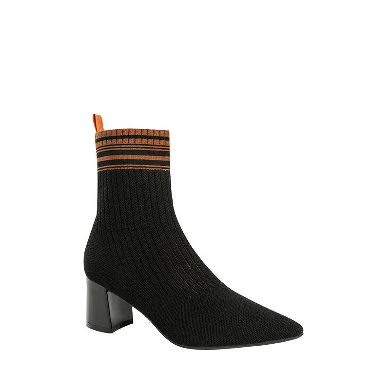 Pointed Toe Chunky Heel Knitted Stretch Sock Boots