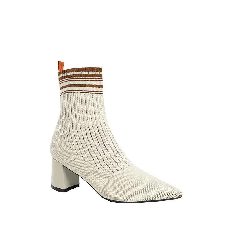 Pointed Toe Chunky Heel Knitted Stretch Sock Boots