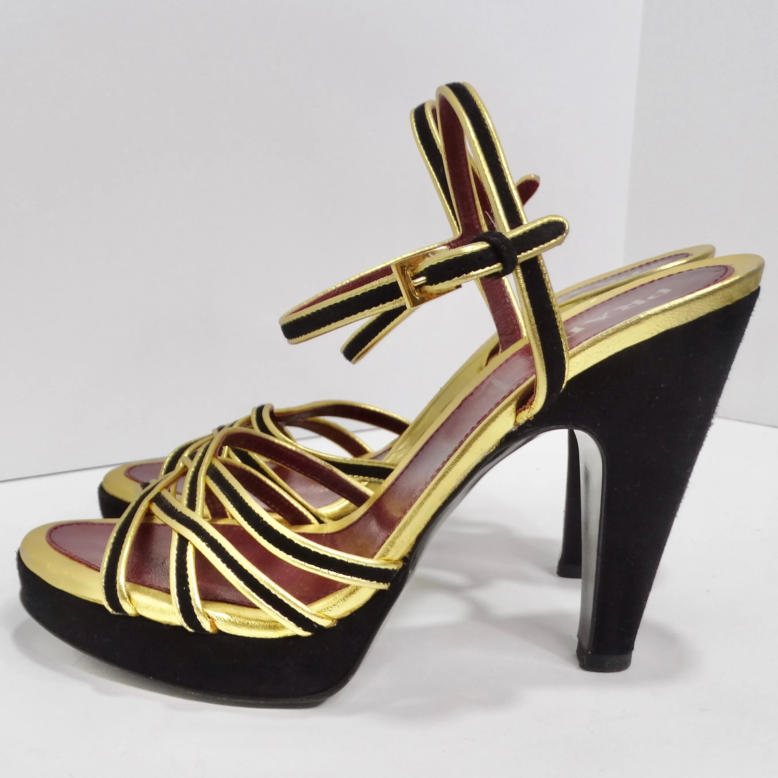 Prada Black Suede Metallic Gold Strappy Pumps