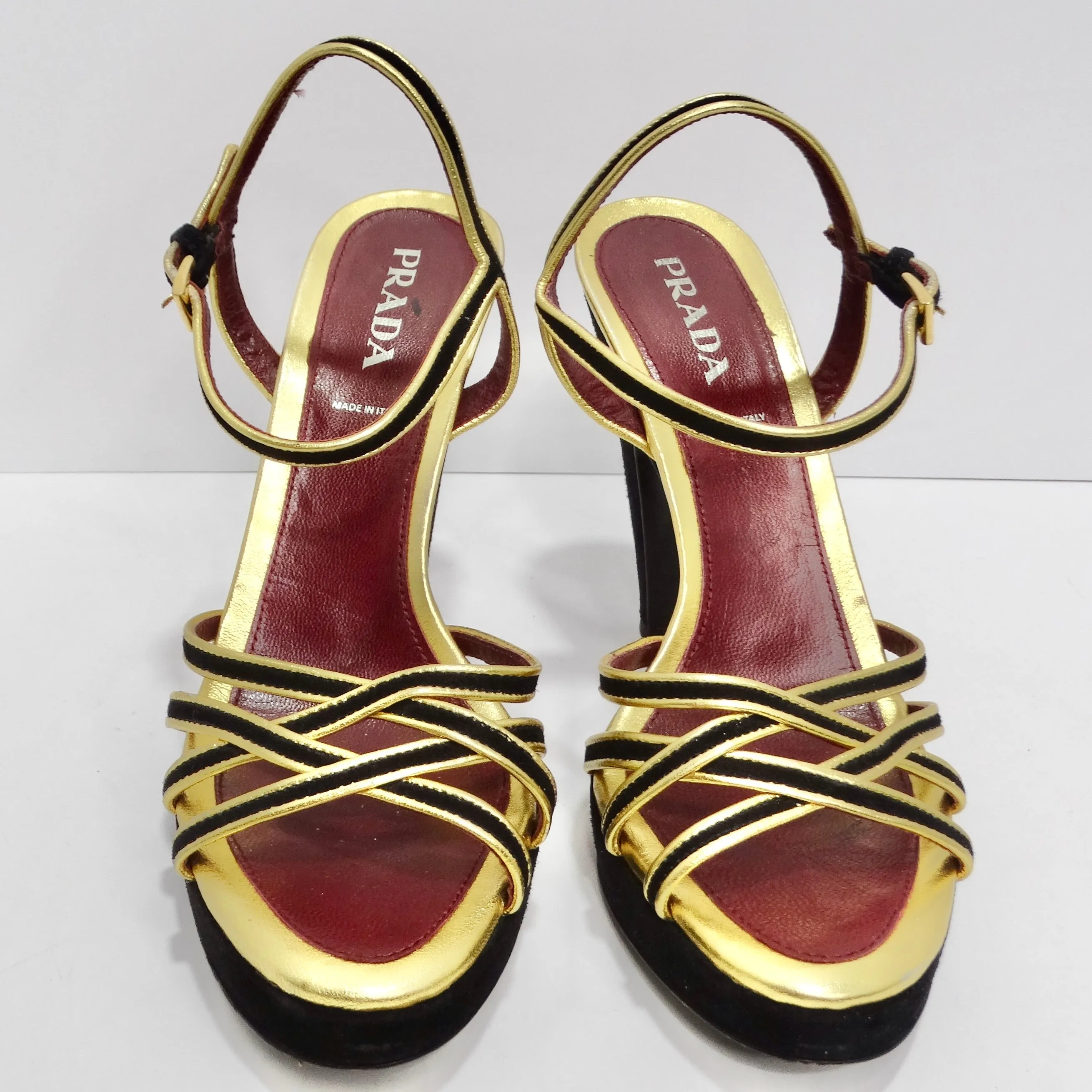 Prada Black Suede Metallic Gold Strappy Pumps