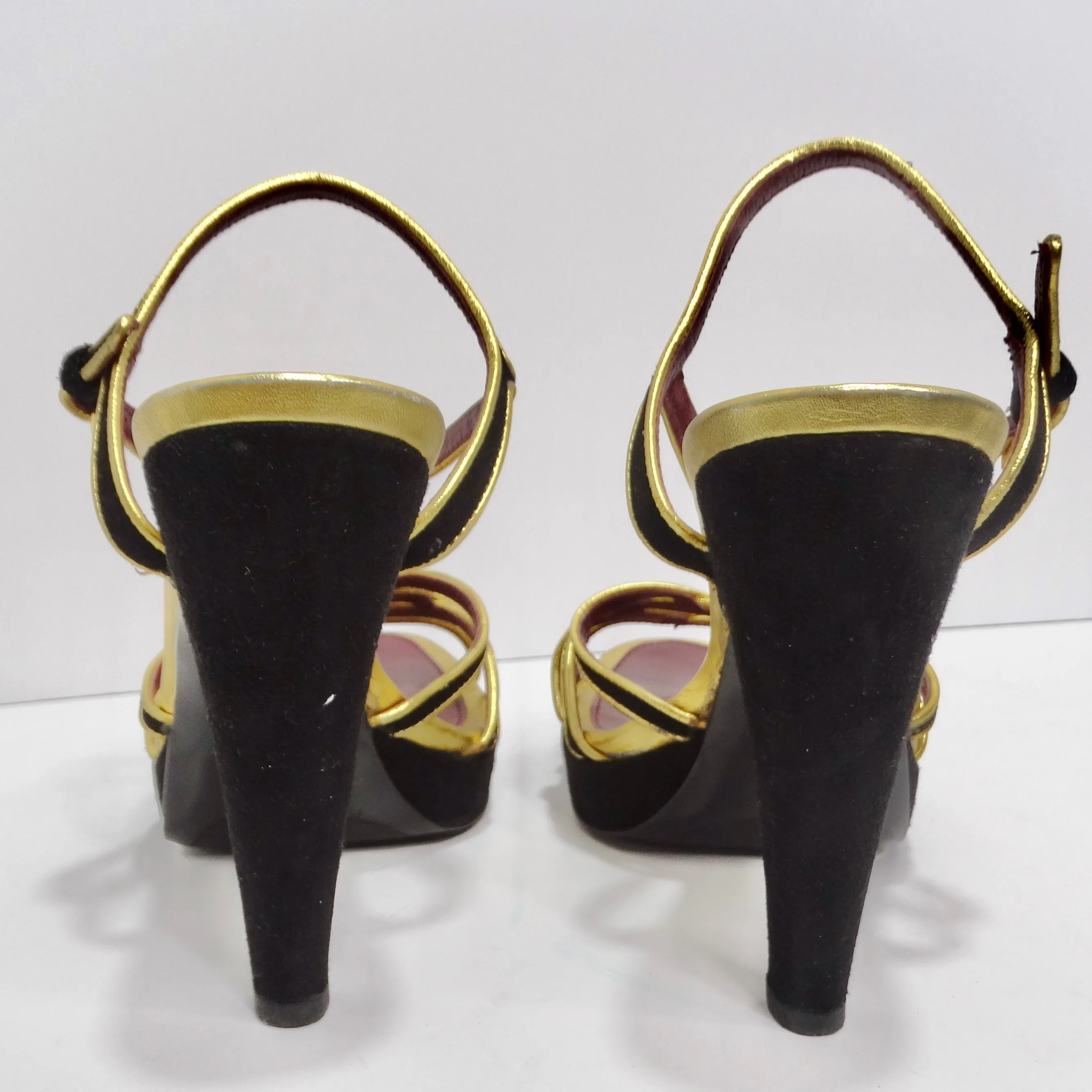 Prada Black Suede Metallic Gold Strappy Pumps